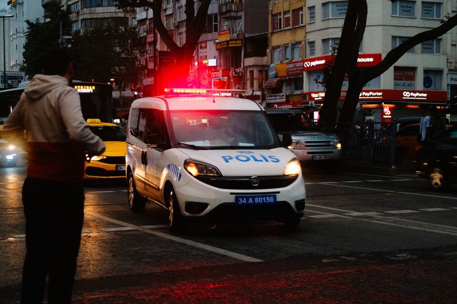 Turkish police patrol car street Turkey