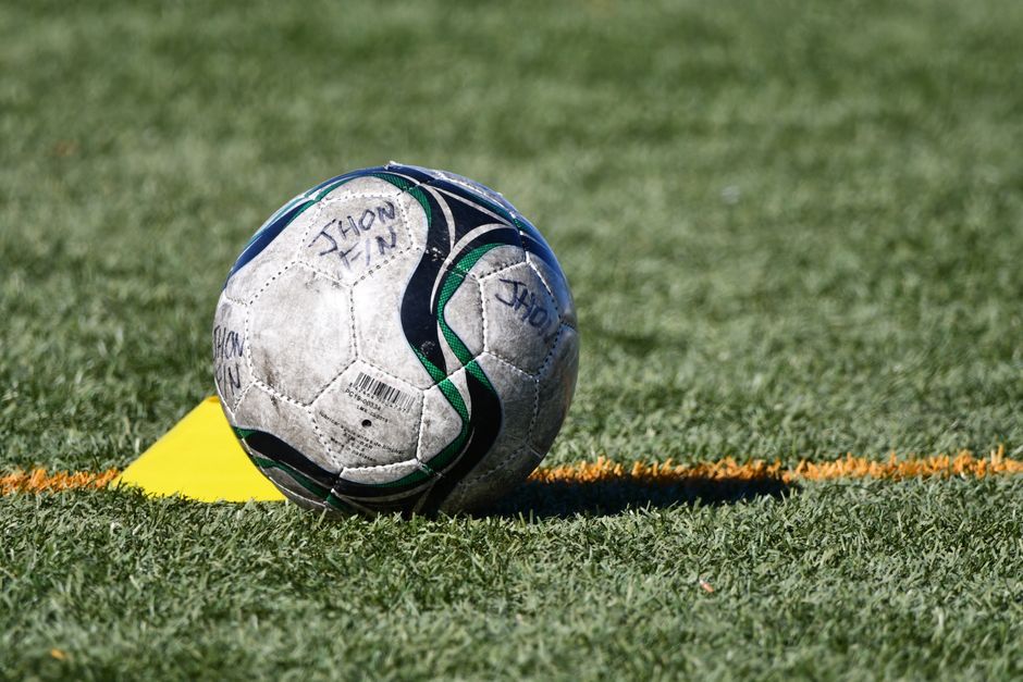 soccer ball grass field close up no team crest