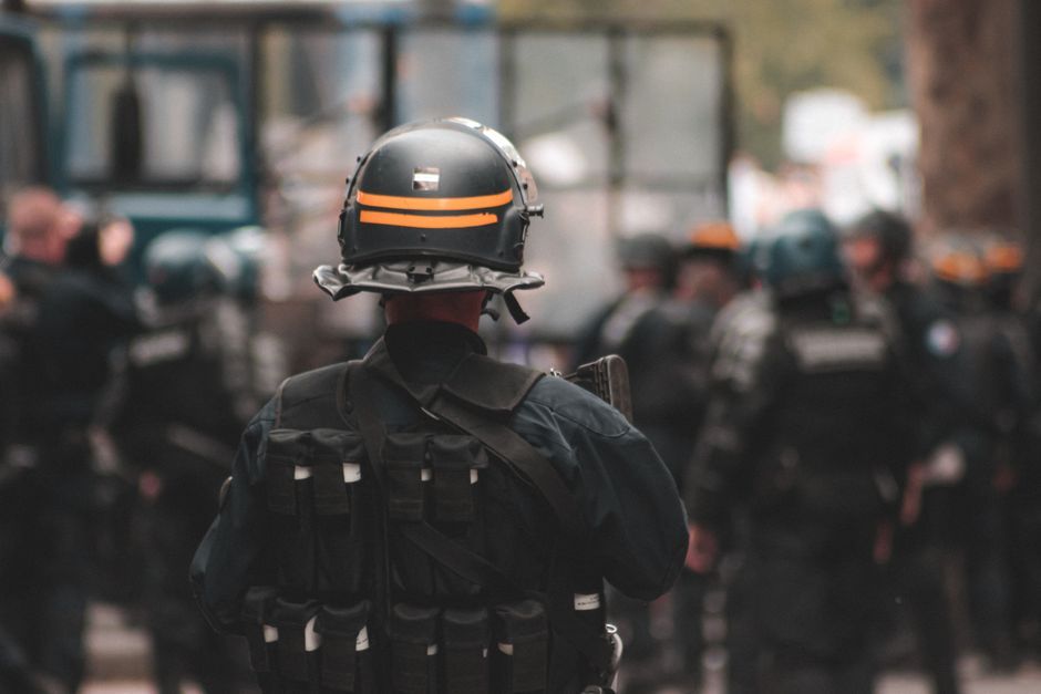 French police riot gear street Paris