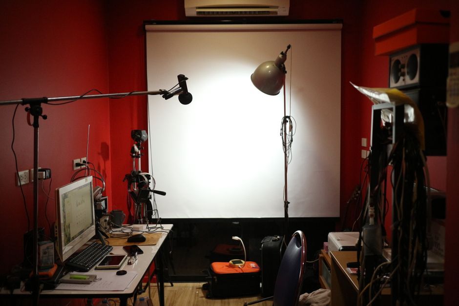 Thai podcast studio recording microphone setup