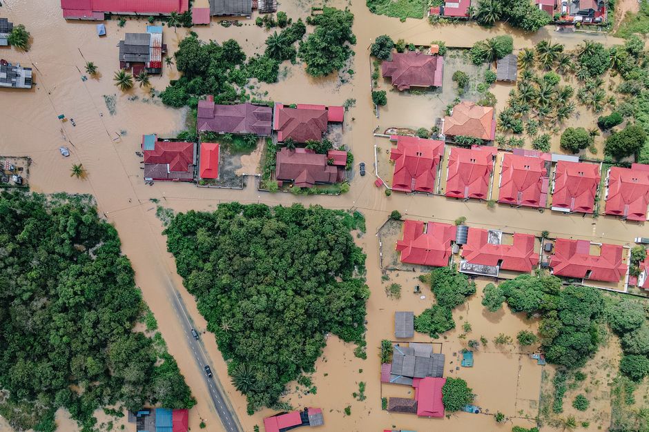 Thailand flood water village drone view