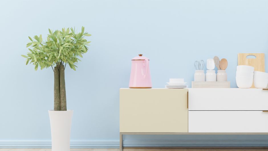 minimalist apartment kitchen interior pink and wood