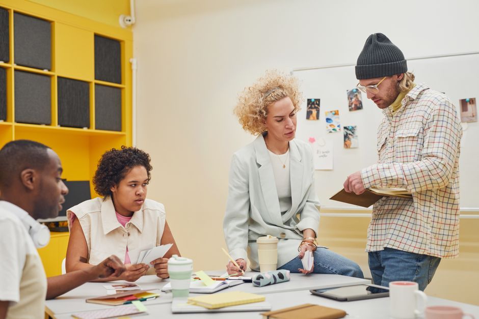 modern office workspace team collaboration discussion