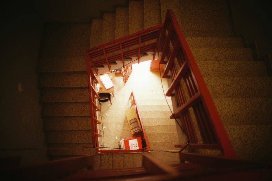 modern minimalist interior staircase red accents architecture