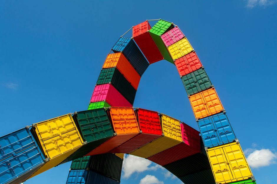 modern art installation pink shipping container outdoor exhibition