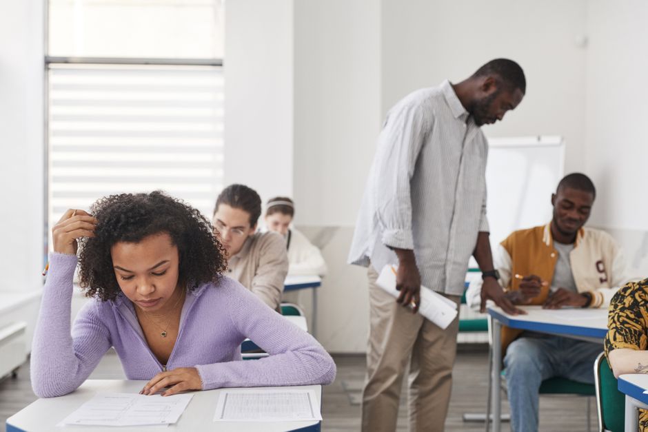 student taking online test stressed