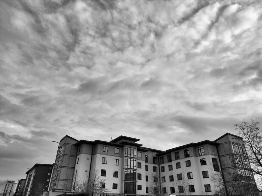 modern UK residential apartment building exterior daylight