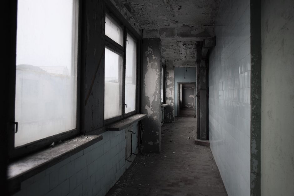 creepy empty office hallway interior