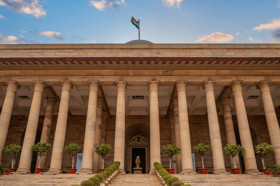 India government building New Delhi flag