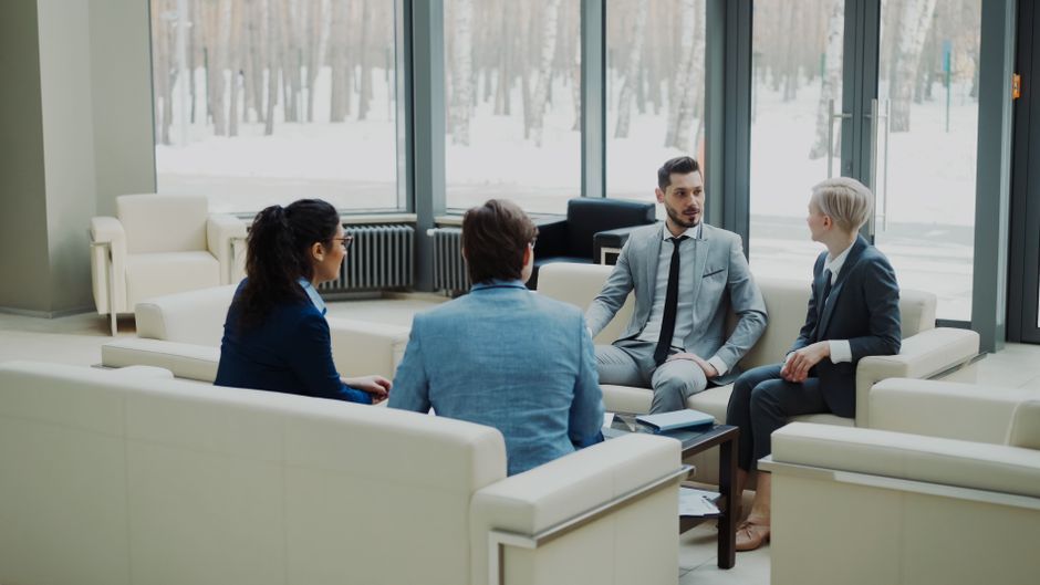 business executive team meeting modern office interior