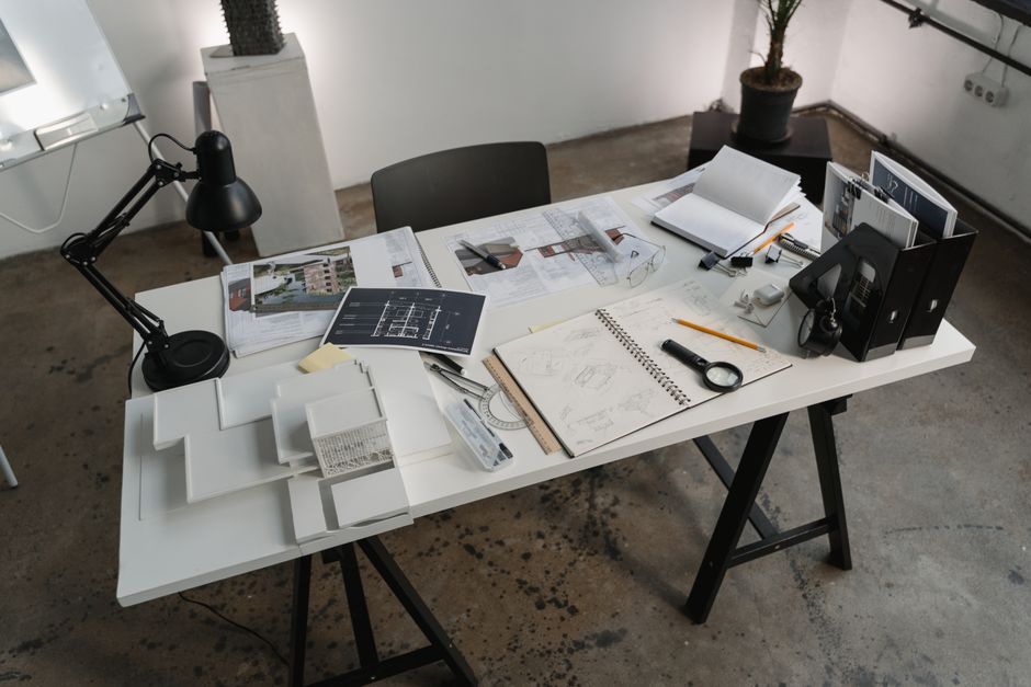 architectural blueprints desk workspace