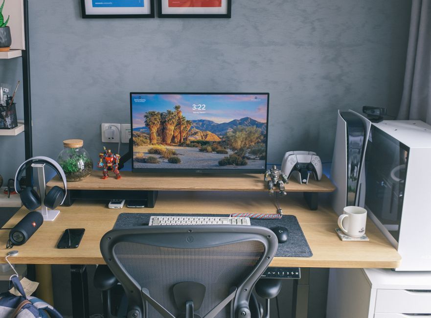 video game studio office workspace computer setup