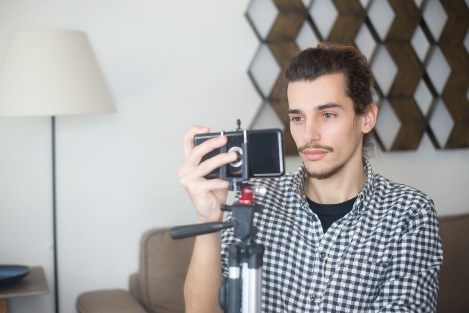 content creator recording video smartphone studio