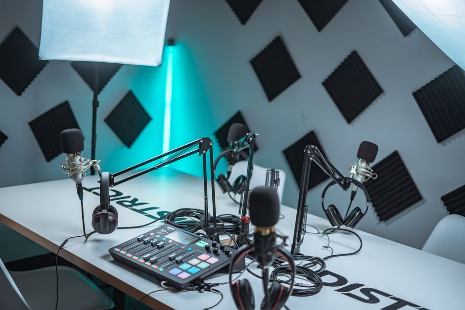 podcast microphone recording studio workspace