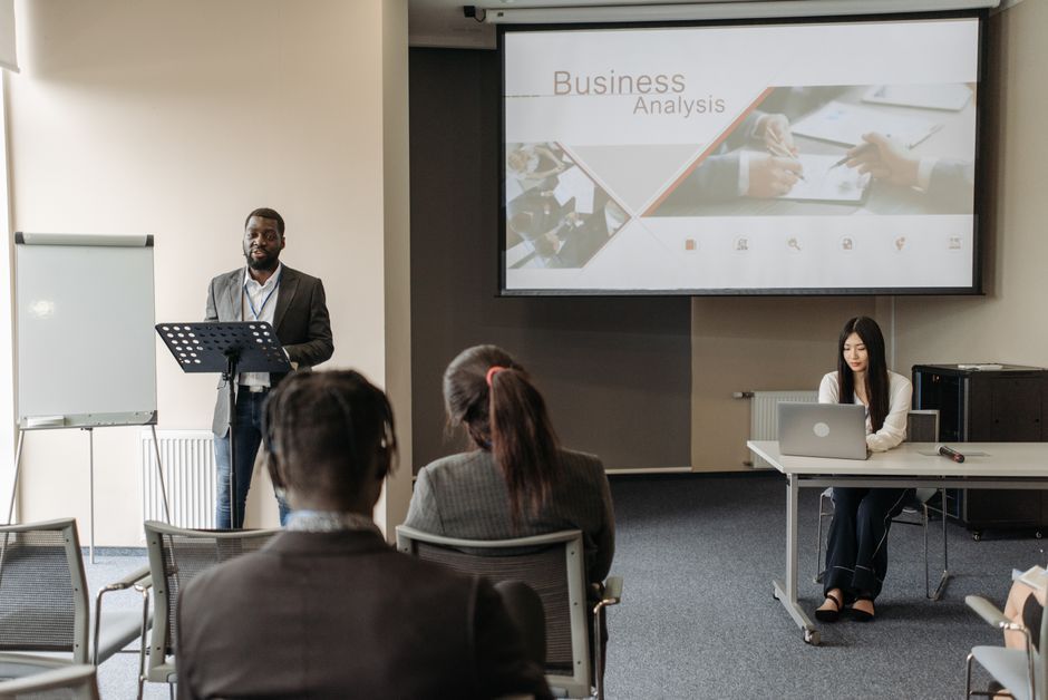 business conference speaker presentation screen daytime