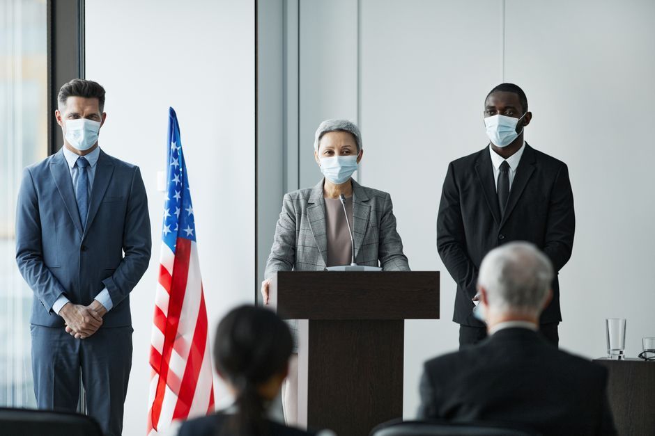 UK political press conference interior