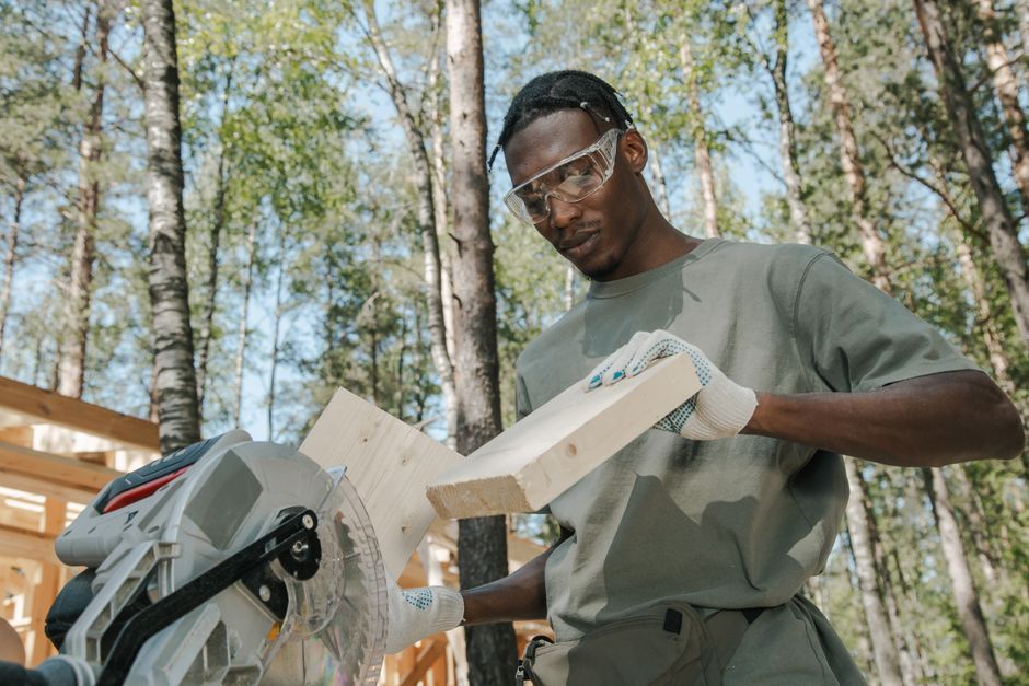 woodworking workshop miter saw cutting lumber