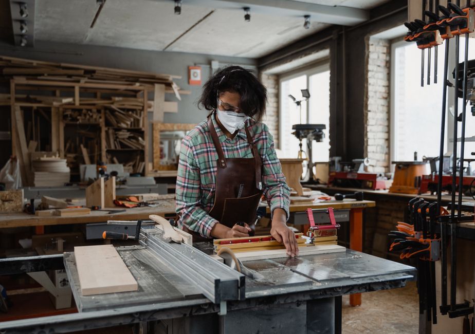 UK woman carpenter woodworking workshop