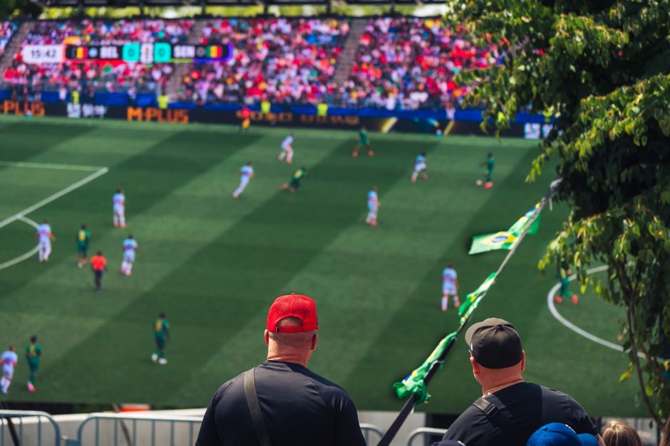 soccer match stadium crowd green pitch