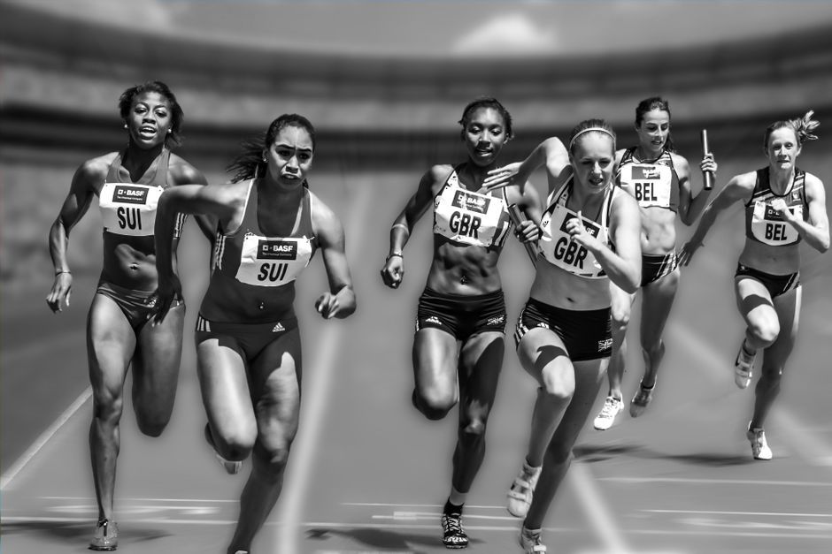 British professional female sprinters running relay race track