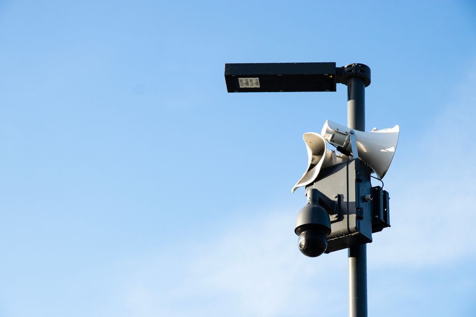 USA city street surveillance camera pole