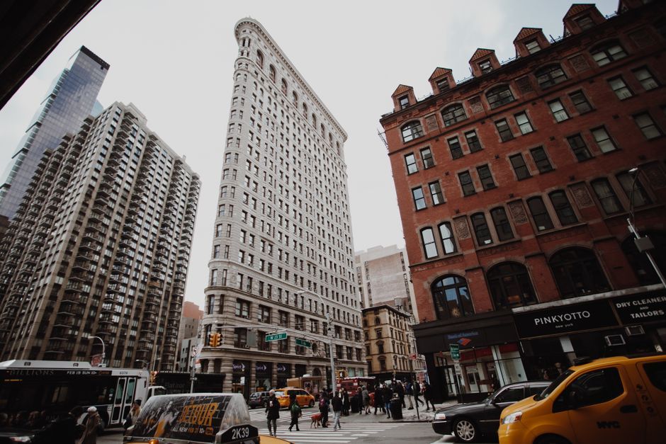 New York city street taxi hotel building