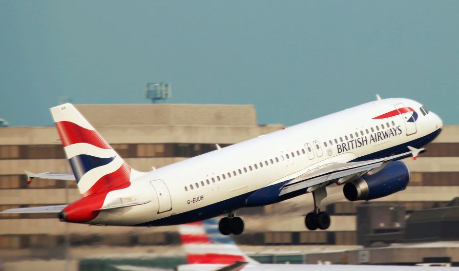 UK London Heathrow Airport airplane runway aerial view