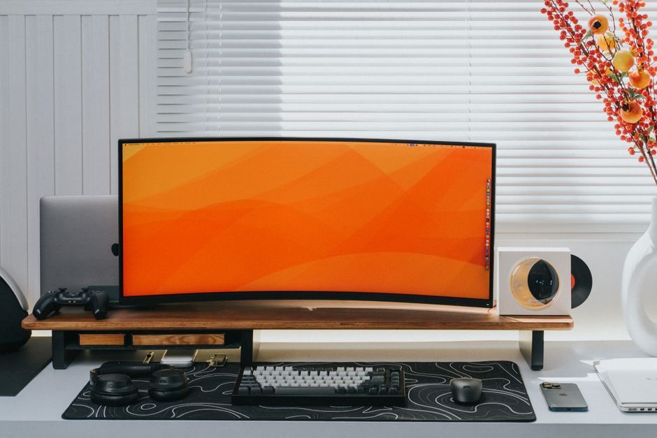 modern ultra wide gaming monitor desk workspace