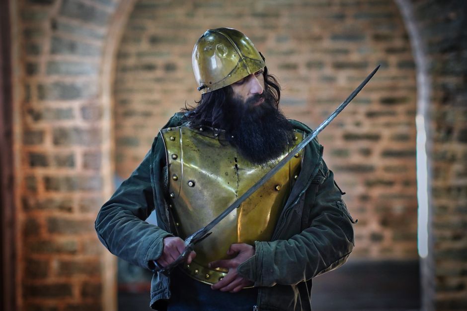 knight armor helmet chainmail urban park
