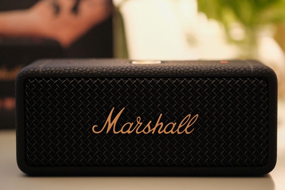 Marshall portable speaker on kitchen counter