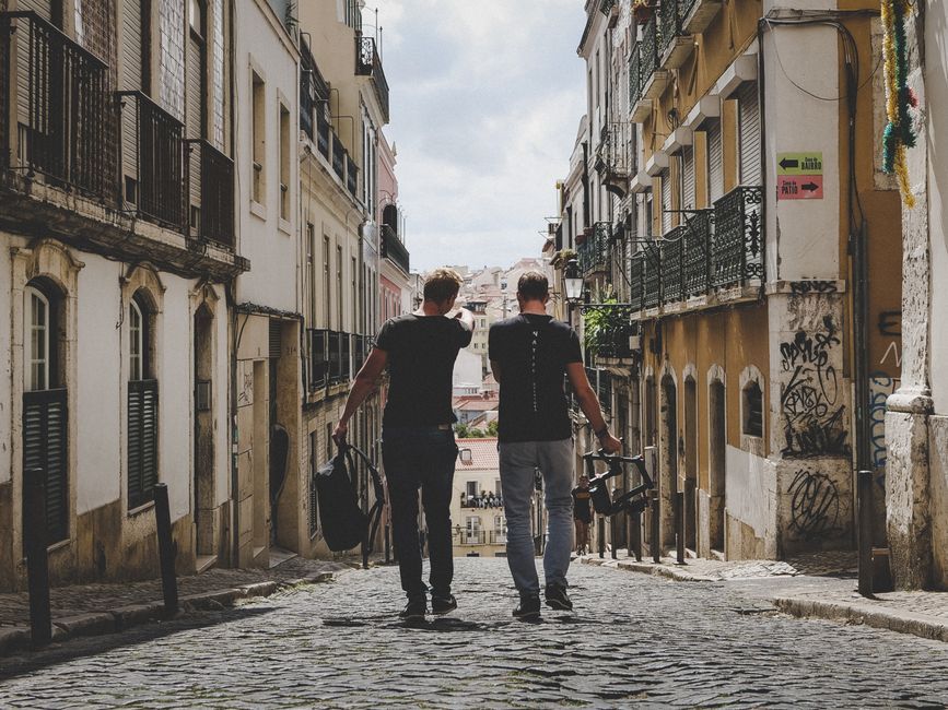 traveler walking historic European street