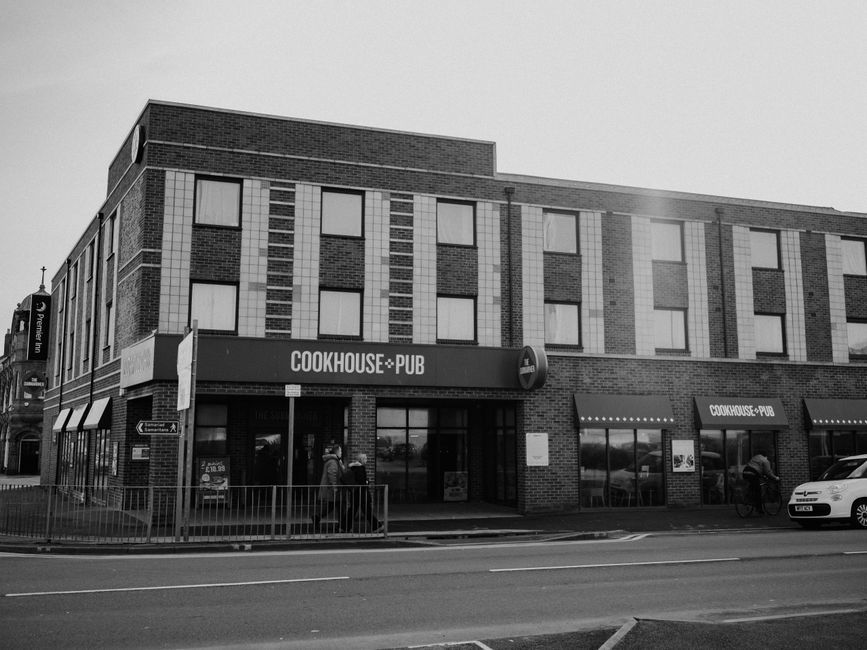 UK town high street British pub building