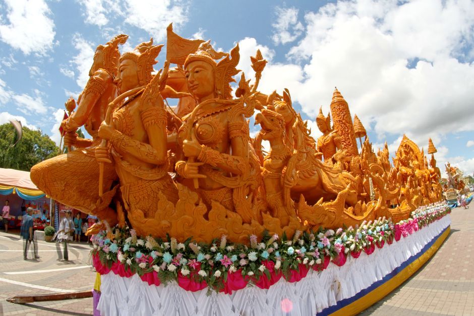 Thai temple funeral pavilion orange flower decoration