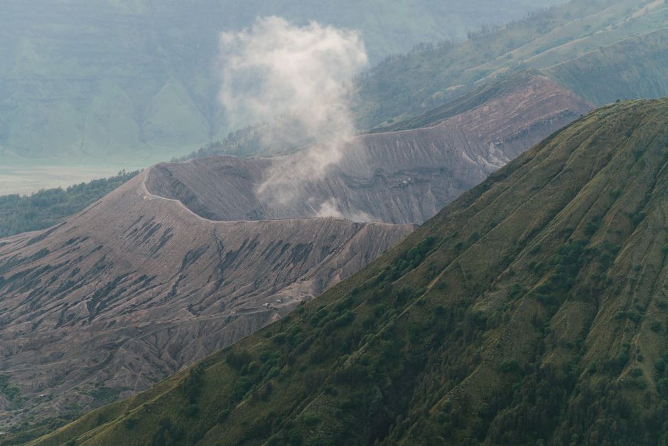 volcano crater aerial view smoke