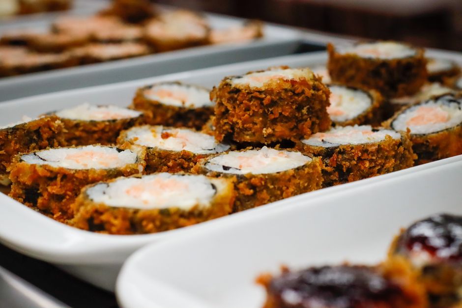 Japanese sushi plates on conveyor belt