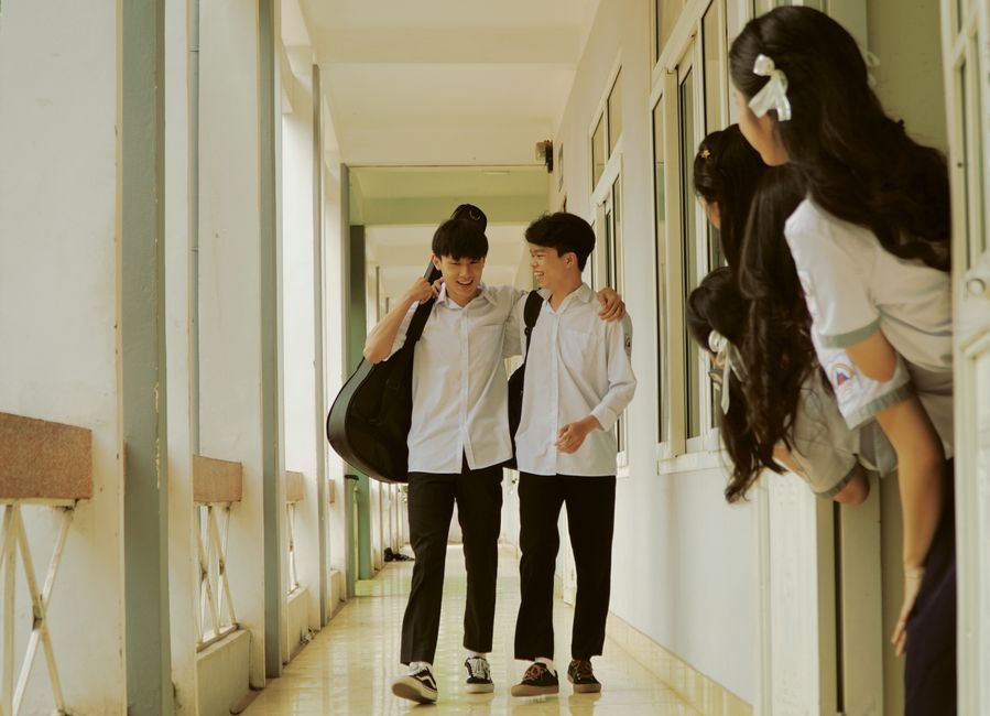 Thailand school uniform student bookbag corridor