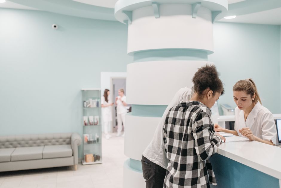 modern hospital interior waiting area England