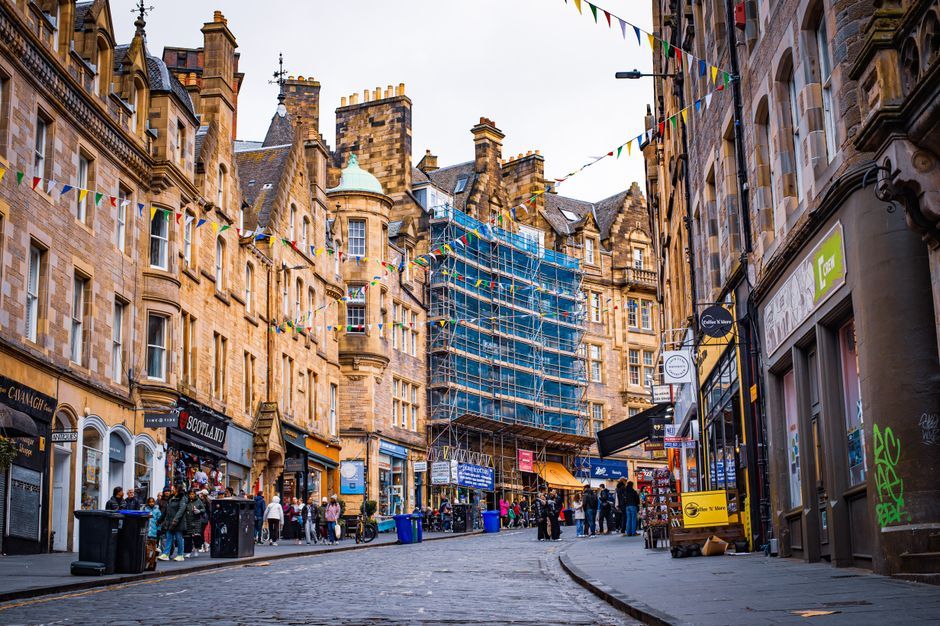 Scotland city high street storefronts daytime
