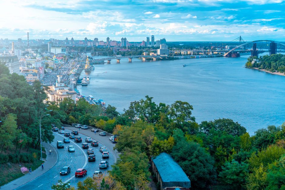 Kyiv cityscape Dnipro river bridge