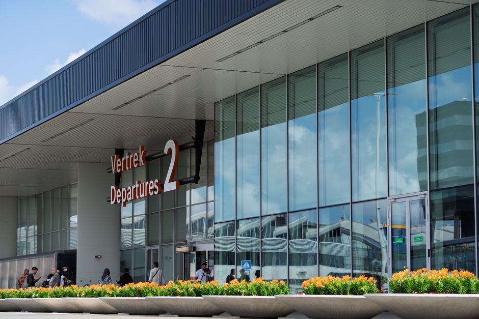 UK airport departure terminal building exterior
