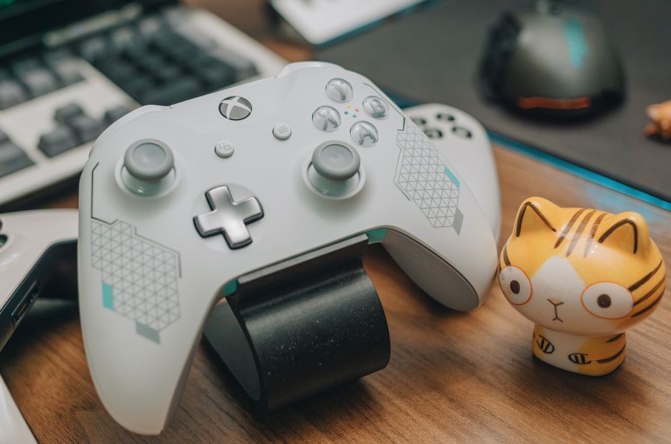 video game controller desk setup no brand logo