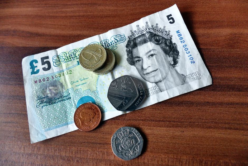 UK currency banknotes British pound coins