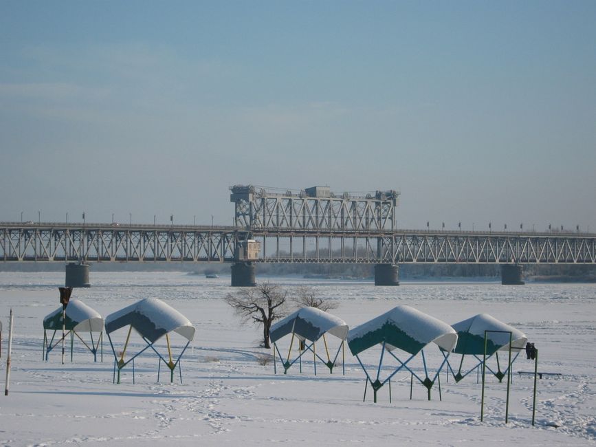 Ukraine damaged bridge river landscape winter