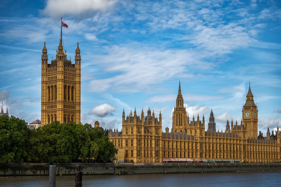 British parliament building London UK flag