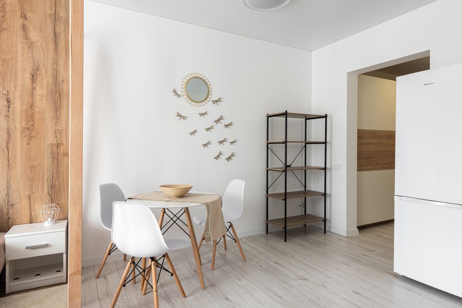 minimalist white apartment interior plywood furniture