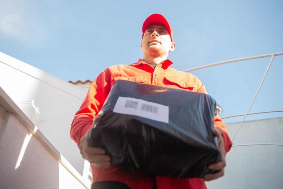 UK postal worker mail delivery uniform London street