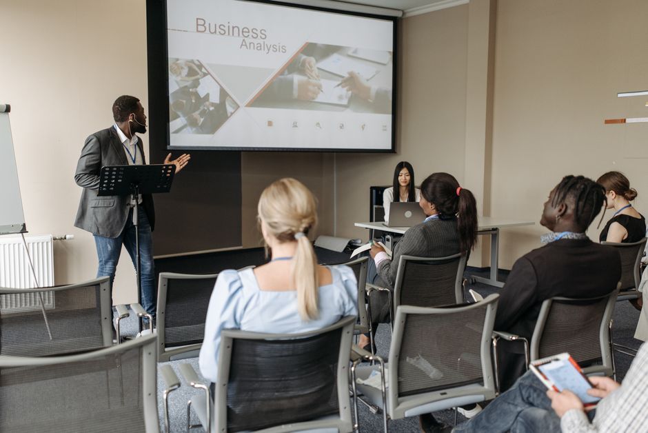 business conference speaker presentation screen daytime