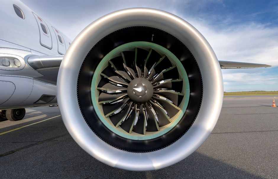 commercial aircraft wing engine close up