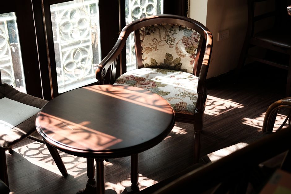 reclaimed wooden chair patterned upholstery