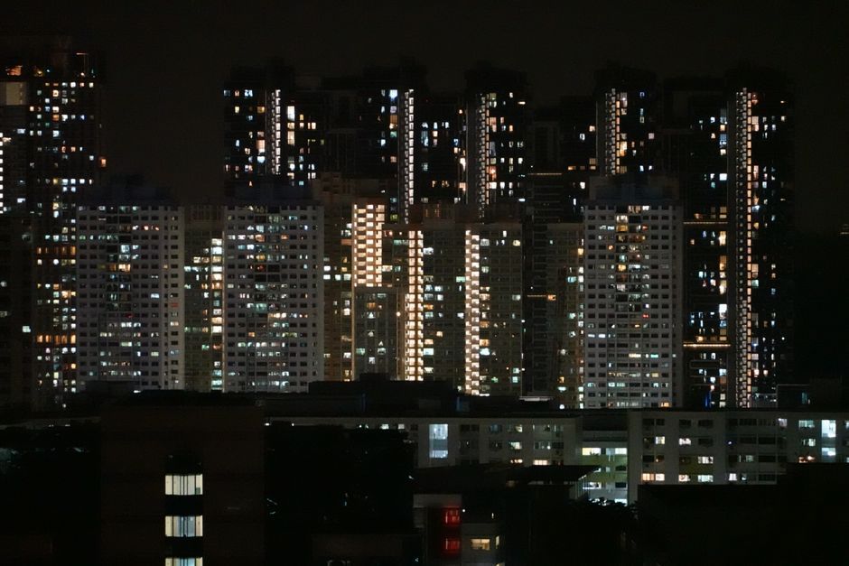 dystopian city skyline dark night film set